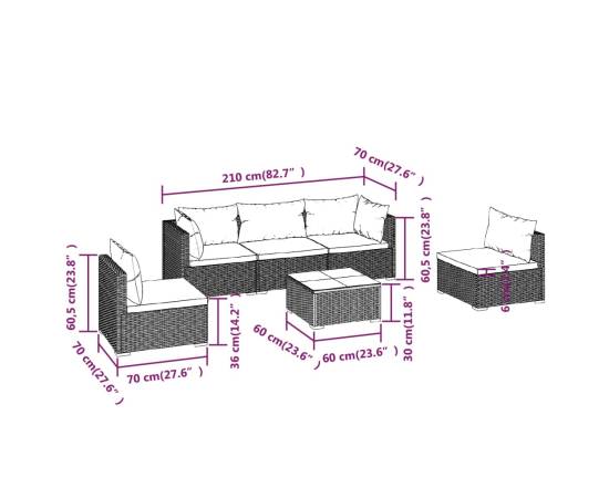 Set mobilier de grădină cu perne, 6 piese, negru, poliratan, 9 image