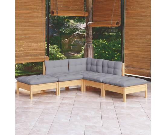 Set mobilier de grădină cu perne gri, 5 piese, lemn de pin