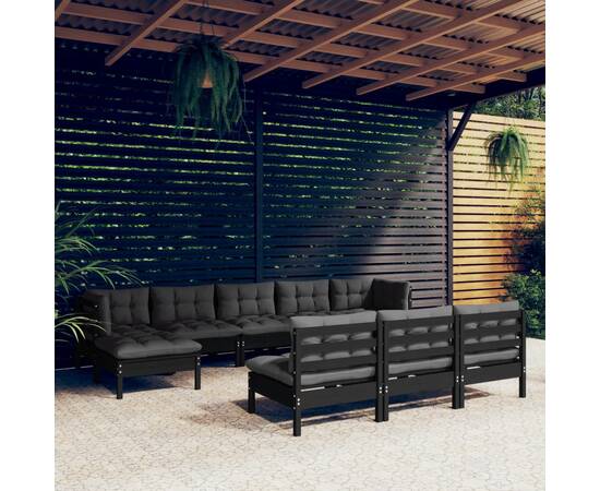 Set mobilier grădină cu perne, 10 piese, negru, lemn de pin