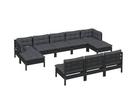 Set mobilier grădină cu perne, 10 piese, negru, lemn de pin, 3 image