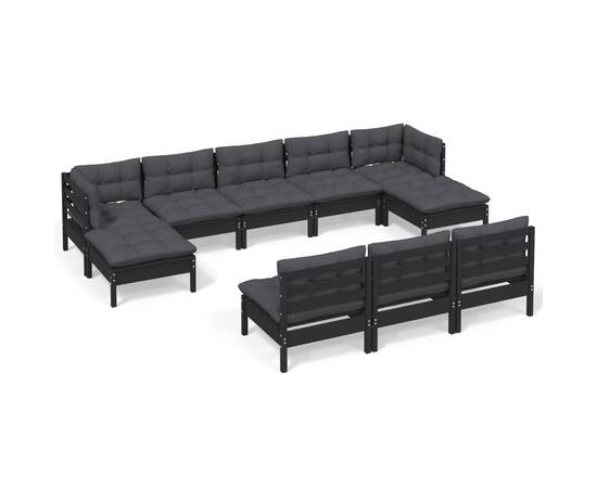 Set mobilier grădină cu perne, 10 piese, negru, lemn de pin, 2 image