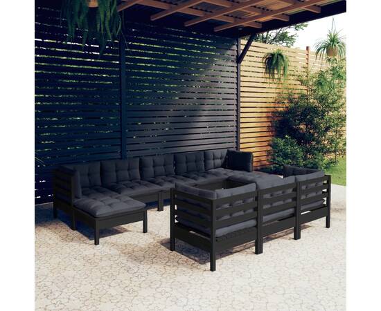 Set mobilier grădină cu perne, 10 piese, negru, lemn masiv pin