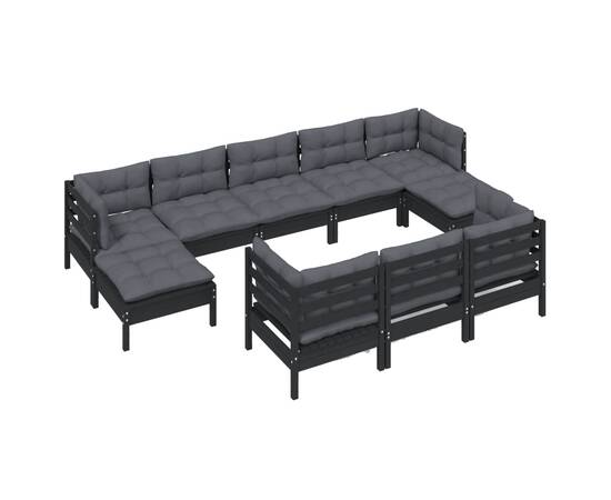 Set mobilier grădină cu perne, 10 piese, negru, lemn masiv pin, 3 image