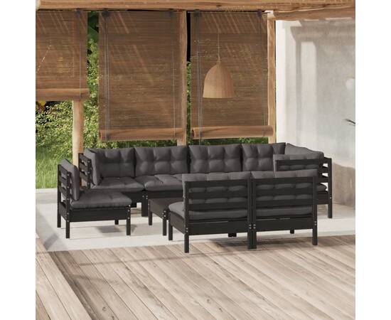 Set mobilier grădină cu perne, 9 piese, negru, lemn masiv pin