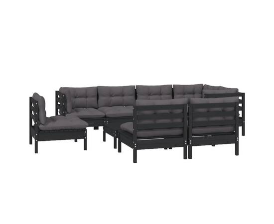 Set mobilier grădină cu perne, 9 piese, negru, lemn masiv pin, 3 image