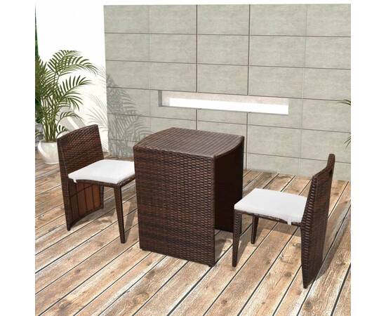 Set mobilier bistro cu perne, 3 piese, maro, poliratan