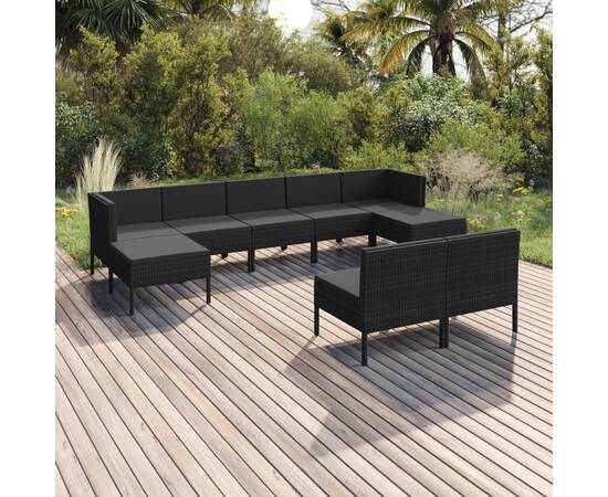 Set mobilier de grădină cu perne, 9 piese, negru, poliratan