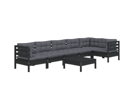 Set mobilier grădină cu perne, 7 piese, negru, lemn de pin, 3 image