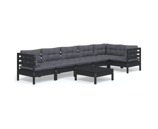 Set mobilier grădină cu perne, 7 piese, negru, lemn de pin, 2 image