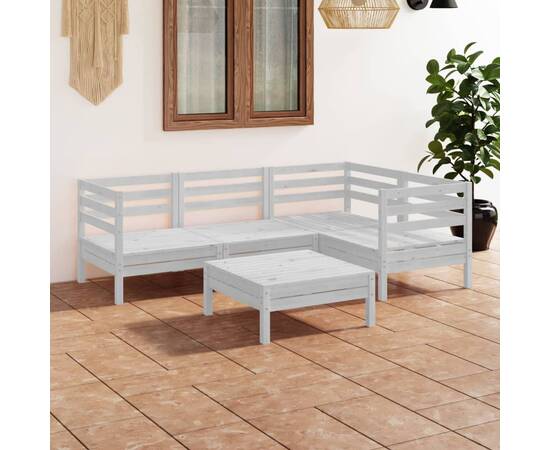 Set mobilier de grădină, 5 piese, alb, lemn masiv de pin