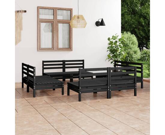 Set mobilier de grădină, 8 piese, negru, lemn masiv de pin