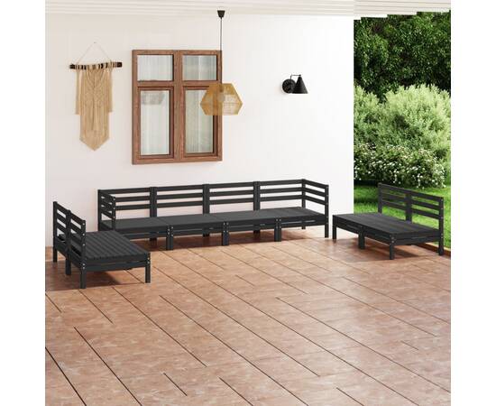 Set mobilier de grădină, 8 piese, negru, lemn masiv de pin