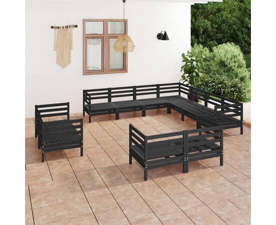 Set mobilier de grădină, 11 piese, negru, lemn masiv de pin