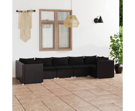 Set mobilier de grădină cu perne, 7 piese, negru, poliratan