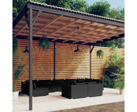 Set mobilier de grădină cu perne, 9 piese, negru, poliratan