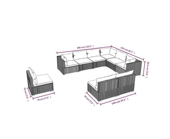 Set mobilier de grădină cu perne, 9 piese, negru, poliratan, 6 image