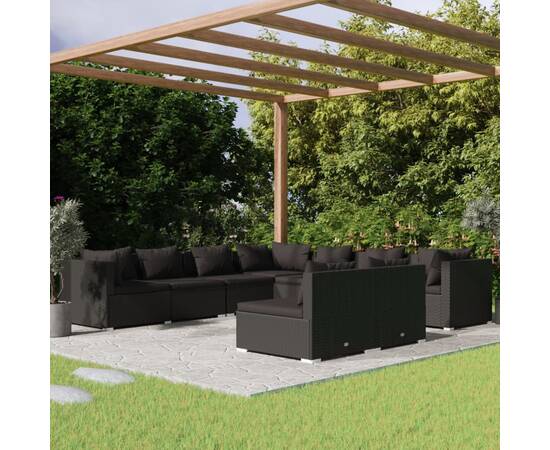 Set mobilier de grădină cu perne, 9 piese, negru, poliratan