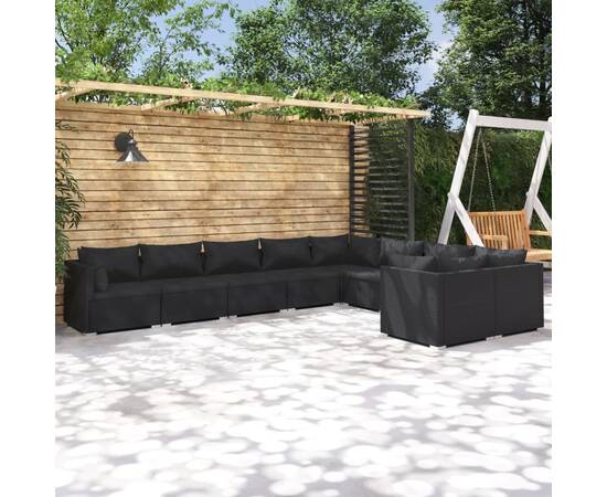 Set mobilier de grădină cu perne, 9 piese, negru, poliratan