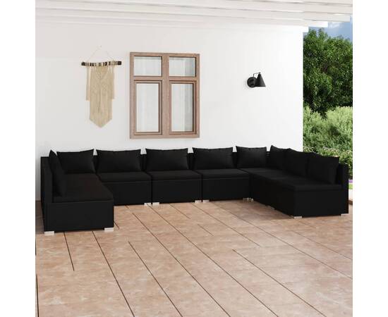 Set mobilier de grădină cu perne, 9 piese, negru, poliratan