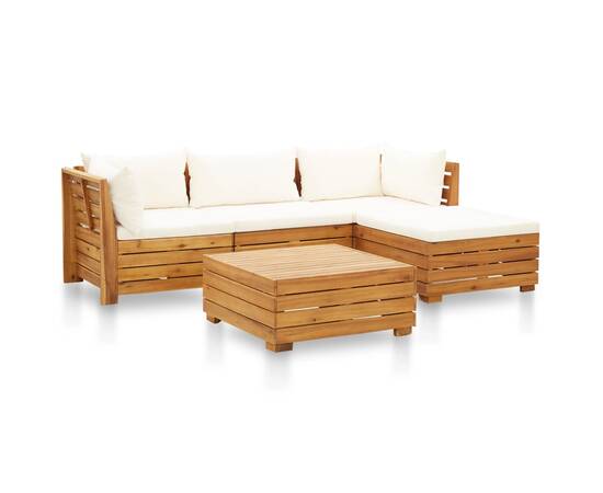 Set mobilier grădină cu perne, 5 piese, alb crem, lemn acacia