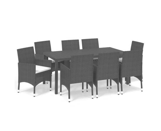 Set de masă pentru grădină cu perne, 9 piese, negru, poliratan, 2 image