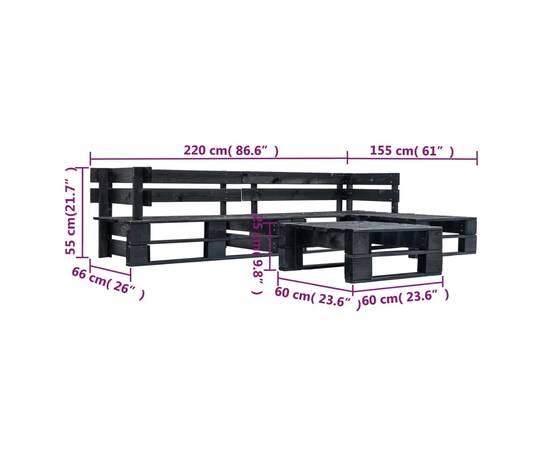 Set mobilier de grădină din paleți, 4 piese, negru, lemn, 3 image