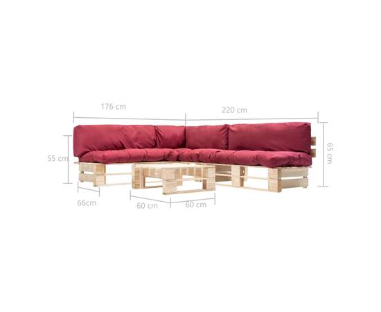 Set mobilier de grădină paleți cu perne roșii, 4 piese, lemn, 5 image