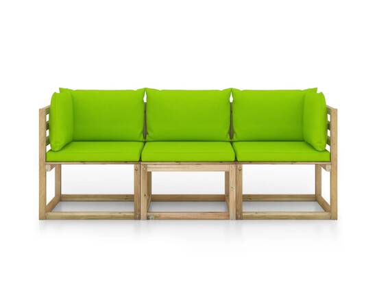 Canapea de grădină cu 3 locuri, perne verde aprins, 3 image