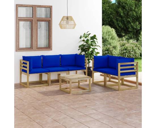 Set mobilier de grădină cu perne albastre, 6 piese