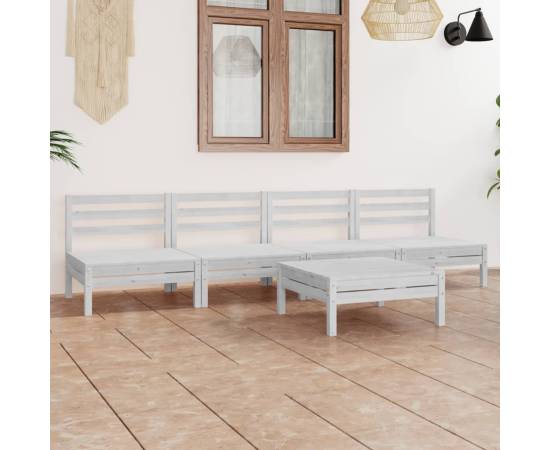 Set mobilier de grădină, 5 piese, alb, lemn masiv de pin