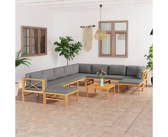 Set mobilier grădină cu perne gri, 11 piese, lemn masiv de tec