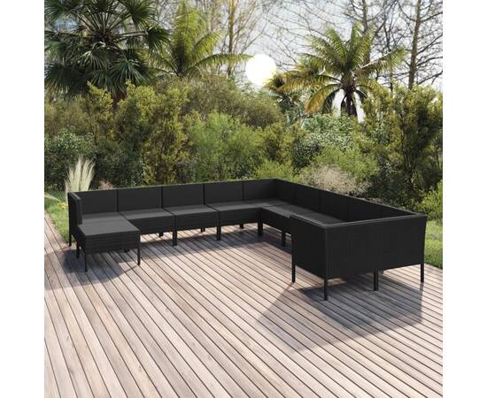 Set mobilier de grădină cu perne, 11 piese, negru, poliratan