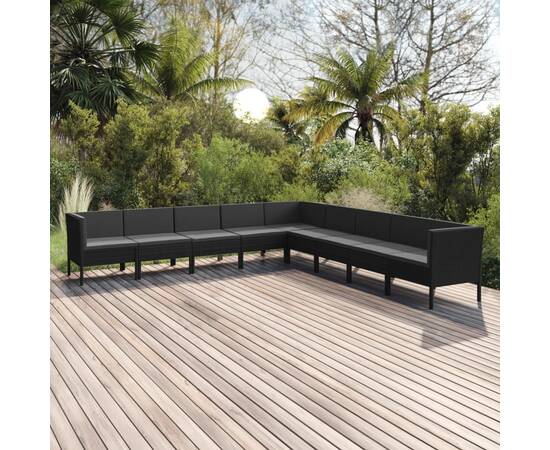 Set mobilier de grădină cu perne, 9 piese, negru, poliratan