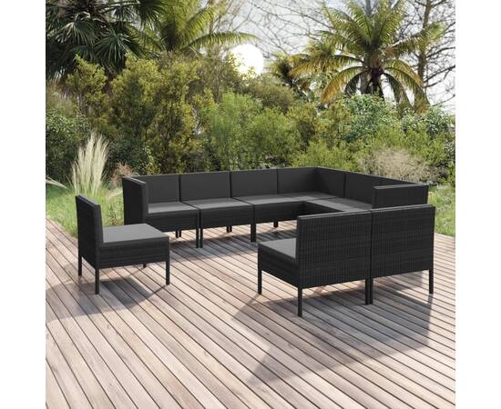 Set mobilier de grădină cu perne, 9 piese, negru, poliratan