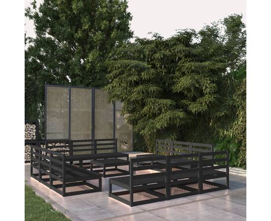 Set mobilier de grădină, 13 piese, negru, lemn masiv de pin