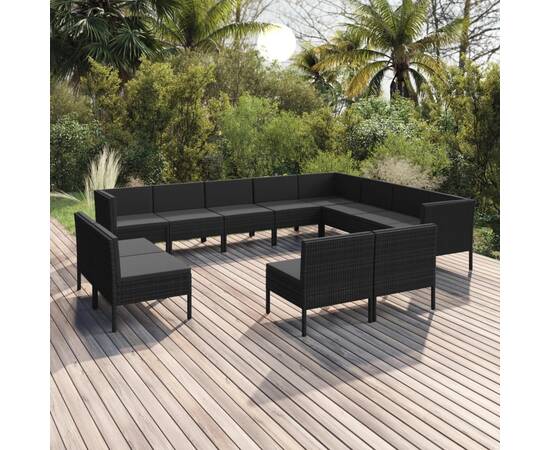 Set mobilier de grădină cu perne, 12 piese, negru, poliratan