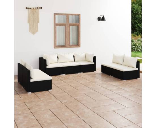 Set mobilier de grădină cu perne, 7 piese, negru, poliratan