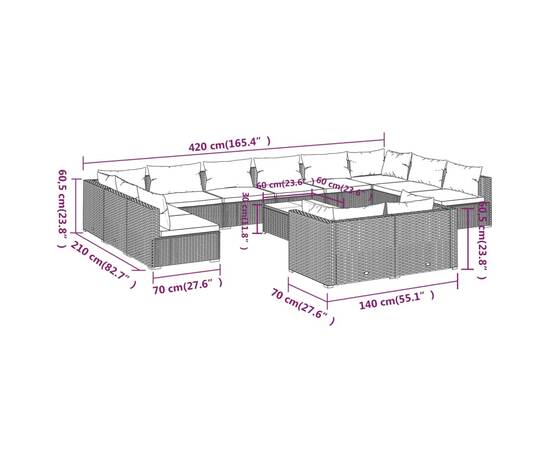 Set mobilier de grădină cu perne, 13 piese, gri, poliratan, 9 image