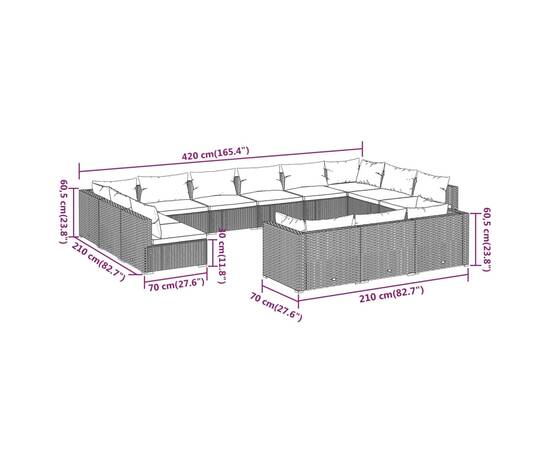 Set mobilier de grădină cu perne, 13 piese, gri, poliratan, 7 image