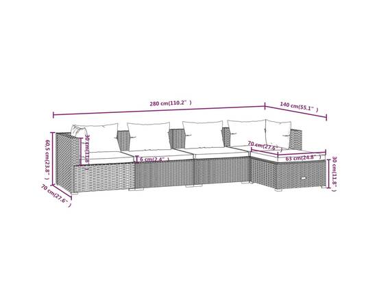 Set mobilier de grădină cu perne, 5 piese, gri, poliratan, 6 image