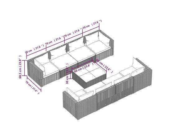 Set mobilier de grădină cu perne, 9 piese, gri, poliratan, 9 image