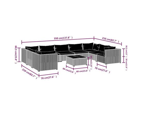 Set mobilier de grădină cu perne, 10 piese, gri, poliratan, 9 image