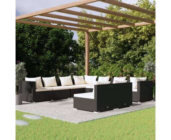 Set mobilier de grădină cu perne, 9 piese, negru, poliratan