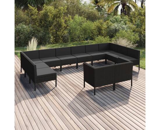 Set mobilier de grădină cu perne, 12 piese, negru, poliratan