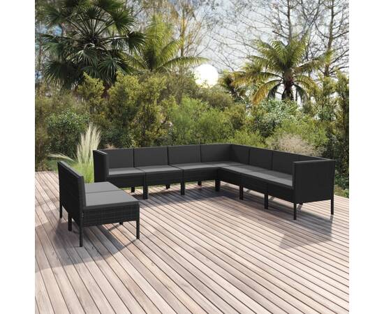 Set mobilier de grădină cu perne, 9 piese, negru, poliratan