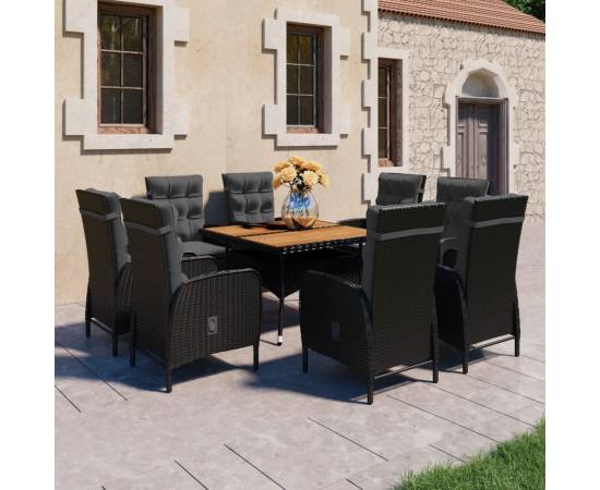 Set mobilier de grădină, 9 piese, negru, poliratan/lemn acacia