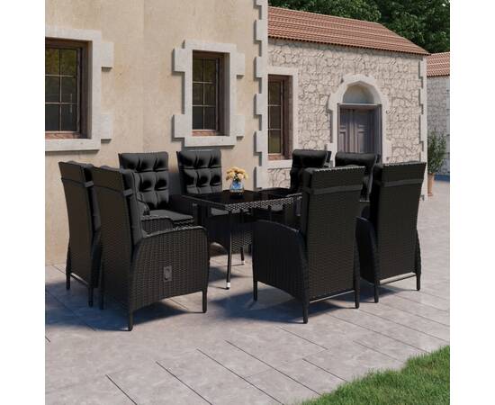 Set mobilier de grădină, 9 piese, negru, poliratan & sticlă