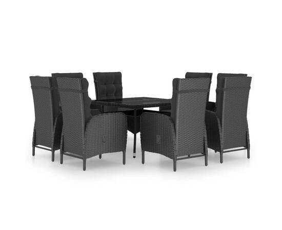 Set mobilier de grădină, 9 piese, negru, poliratan & sticlă, 2 image