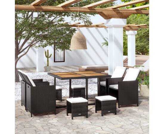 Set mobilier de exterior, 9 piese negru, poliratan, lemn acacia