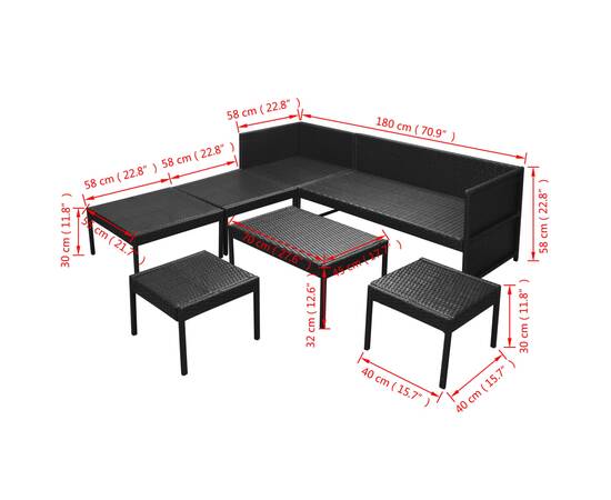 Set mobilier de grădină cu perne, 6 piese, negru, poliratan, 9 image